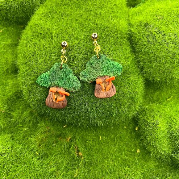 Mushroom Tree Polymer Clay Hypoallergenic Silver Tone Handmade Dangle Earrings - Picture 1 of 10